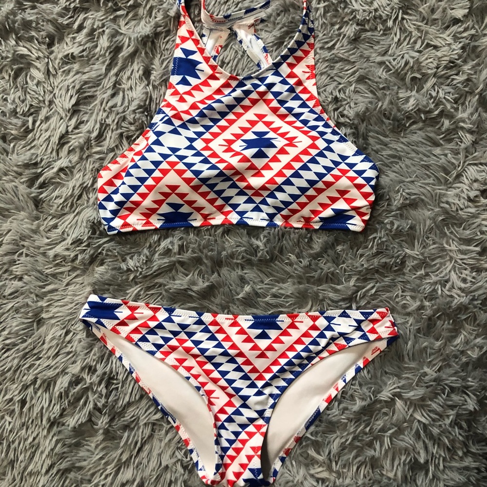 Red, white, and blue Aztec pattern bikini
